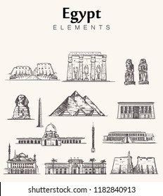 Set of hand-drawn Egypt  buildings sketch vector illustration.Mosque Of Muhammad Ali,Cairo tower,sphinx, pyramids of Giza and Cheops, temples of Amun Ra,Karnak ,Hathor,Hatshepsut,Colossi of Memnon.