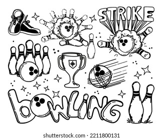 A set of hand-drawn elements with a bowling theme. Bowling ball, pins, shoes. Cup. Victory. Handwritten inscription "strike". Ball smashes pins. Flying ball at target.  Pins. Sport. Game. Hit, win. 