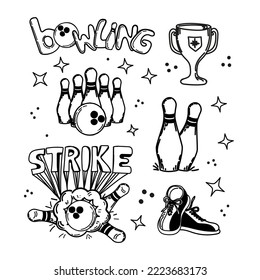 A set of hand-drawn elements with a bowling theme. Bowling ball, pins, shoes. Handwritten strike inscription. Ball smashes pins. Flying ball in the target.  Skittles. Sports. The game. Hit, win. 