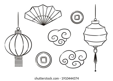 Set of hand-drawn elements of Chinese culture. Contour image of Chinese lanterns, curly clouds, fan, coins. Vector illustration in doodle style isolated on white background