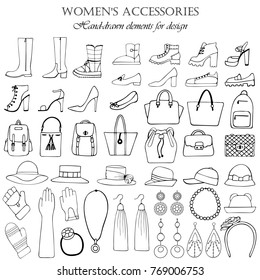 A set of hand-drawn elements for the design of female accessories. Black-and-white vector illustration.