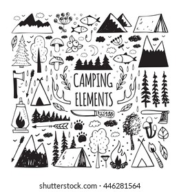 Set of hand-drawn elements for design logo camping, recreation, adventure.Set elements of vintage woods camp badges and travel logo emblems