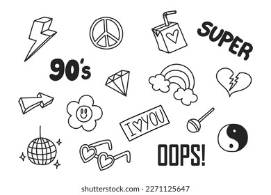 A set of hand-drawn elements in the fashionable style of the 90s, 2000s. Y2K doodles isolated on a white background.