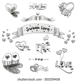 A set of hand-drawn elements on the theme of love.