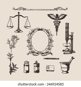 Set of hand-drawn elements of pharmacy or chemistry. Vector. 