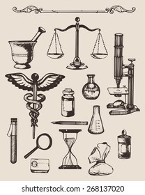 Set of hand-drawn elements of pharmacy or chemistry. Vector.