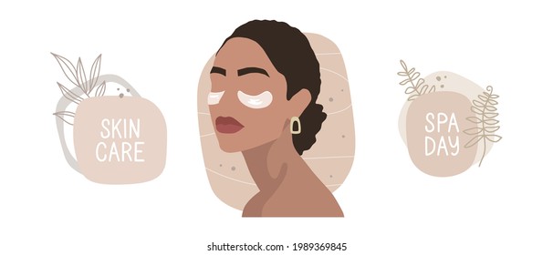 Set of hand-drawn elements. Portrait of a woman with eye patches. Hairstyle and jewelry. Beauty treatments at home. Lettering on an abstract background with plants. Inscription "spa day", "skin care".