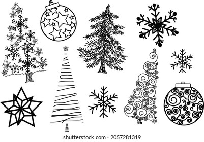 Set of hand-drawn elements, scribble Christmas themes: Christmas trees,  Christmas balls. Vector elements.