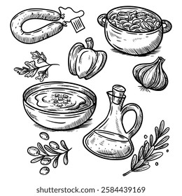 Set of hand-drawn elements of Spanish food, sausage, pepper, garlic, gazpacho, olive oil, beans