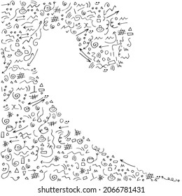 set of hand-drawn elements in the style of doodles for conceptual design. vector illustration isolated on a white background.Black and white style. Greeting, Smile, arrow,Square, circle