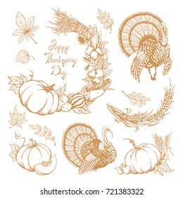 Set of hand-drawn elements for Thanksgiving Day. Vegetables, turkey, leaves