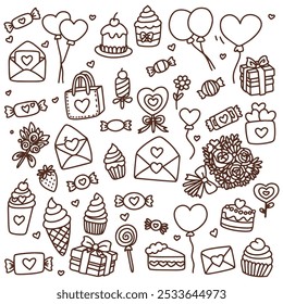 A set of hand-drawn elements, a Valentine's Day vector image. Gifts, hearts, balloons, envelopes, desserts, floral bouquets, candies, and other decorations. no color, coloring, doodle