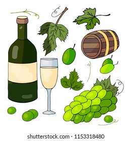 A set of hand-drawn elements: white wine, a bunch of grapes and grape  leaves  on a white background