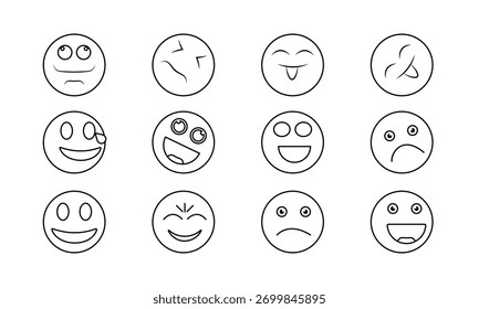 Conjunto de caras de emoji dibujadas a mano que muestran varias emociones y expresiones en estilo negro sobre fondo blanco.