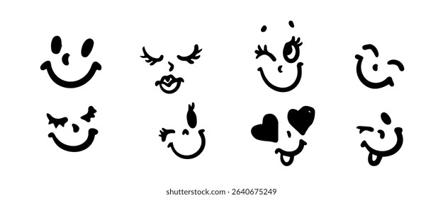 Set of handdrawn emoticons showcasing diverse expressions. Includes winking, heart eyes, and smiling faces. Simple black on white style. Fun and expressive.