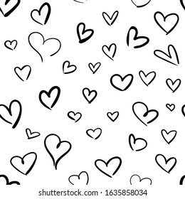 Set of hand-drawn empty black contour hearts isolated on a white background. Seamless pattern can be used as gift wrapping and background for a greeting card.