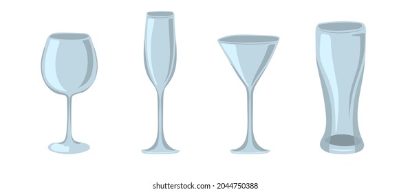 Set of hand-drawn empty glasses isolated on white background. Beer glass, wine glass, champagne and martini glass. Vector