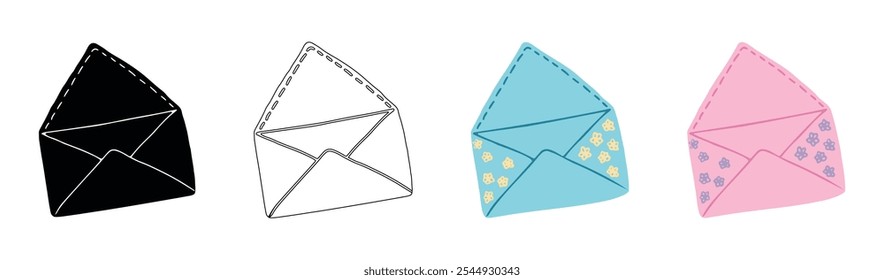 Set of Hand-Drawn Envelopes in Various Styles and Colors, Black Silhouette, Outline, Colored. Isolated on white background. Concept of Stationery, Paper Craft, Cute Design Elements, Invitation. Print.