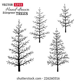 Set of hand-drawn evergreen trees. Black silhouettes isolated on white background.