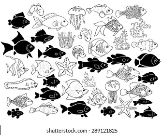 Set of hand-drawn exotic fishes, jellyfishes, starfishes and algae. Black and white vector illustration.