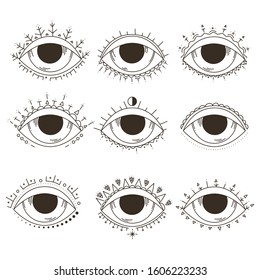 Set of hand-drawn eyes. Occultism, the magic of divination. Occult symbol. Outline, vector coloring. Isolated, white background.