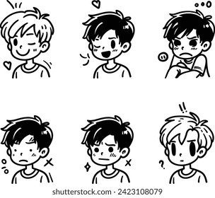 A set of hand-drawn faces or head of boys characters showcasing various emotions, perfect for visual content in psychology or education