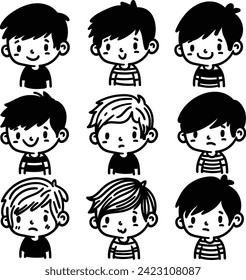 A set of hand-drawn faces or head of boys characters showcasing various emotions, perfect for visual content in psychology or education