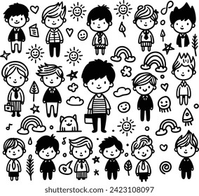 A set of hand-drawn faces or head of boys characters showcasing various emotions, perfect for visual content in psychology or education