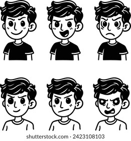 A set of hand-drawn faces or head of boys characters showcasing various emotions, perfect for visual content in psychology or education