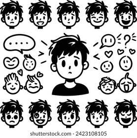 A set of hand-drawn faces or head of boys characters showcasing various emotions, perfect for visual content in psychology or education