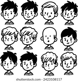 A set of hand-drawn faces or head of boys characters showcasing various emotions, perfect for visual content in psychology or education