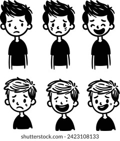 A set of hand-drawn faces or head of boys characters showcasing various emotions, perfect for visual content in psychology or education