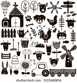 Set of hand-drawn farm elements in flat style. Vector illustration with animals, garden tools, and vegetables. Black and white agricultural icons