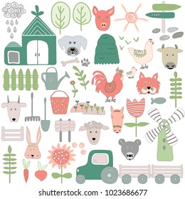 Set of hand-drawn farm elements in flat style. Vector illustration with animals, garden tools, and vegetables