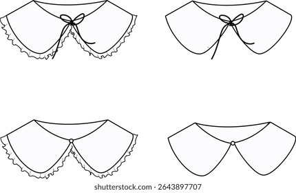 Set of Hand-Drawn Fashion Collars with Ruffles, Ties, and Buttons, Elegant Collar Sketches