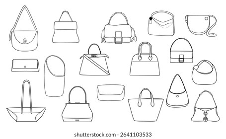 Set of hand-drawn fashion handbag sketches. Minimalist line art collection of trendy women’s bags. Outline style for design, branding, packaging, and fashion illustration.