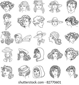 Set hand-drawn fashion model. Vector illustration. Woman's and men face
