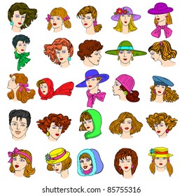 Set hand-drawn fashion model. Vector illustration. Woman's and men face