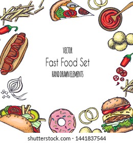 Set of hand-drawn fast food. Background with food for menu and advertising or packaging. Sketch. Vector design