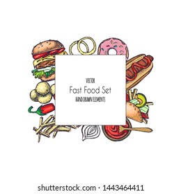 Set of hand-drawn fast food. Background with food for menu and advertising or packaging. Sketch. Vector design