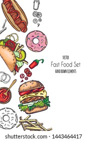 Set of hand-drawn fast food. Background with food for menu and advertising or packaging. Sketch. Vector design