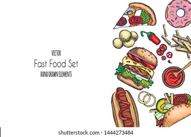 Set of hand-drawn fast food. Background with food for menu and advertising or packaging. Sketch. Vector design