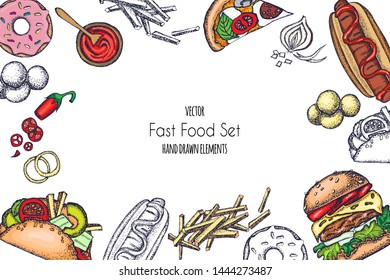 Set Of Hand-drawn Fast Food. Background With Food For Menu And Advertising Or Packaging. Sketch. Vector Design