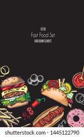 Set of hand-drawn fast food. Background with food for menu and advertising or packaging. Sketch. Vector design