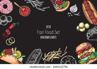 Set of hand-drawn fast food. Background with food for menu and advertising or packaging. Sketch. Vector design