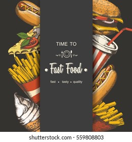 Set of hand-drawn fast food. Background with food for menu and advertising or packaging. Sketch. Vector design