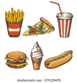 Set of hand-drawn fast food isolated on white. Vector design