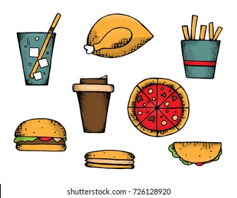 Set of hand-drawn fast-food. Illustration of lemonade, roasted chicken, fries,coffee, pizza, hamburger, hot-dog, burrito isolated on white background