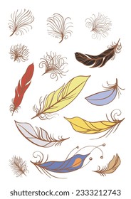 A set of hand-drawn feathers and fluff