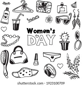 A set of hand-drawn female feminist icons on a white background in doodle style. A set of women's day icons for cards. Vector illustrations on a white background.